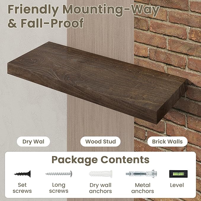 Fun Memories Solid Elm Wood Floating Shelves Set of 1-72 Inch Rustic Wall Shelves with Heavy-Duty Invisible Brackets - for Living Room, Kitchen, Bedroom, Bathroom - Walnut Finish