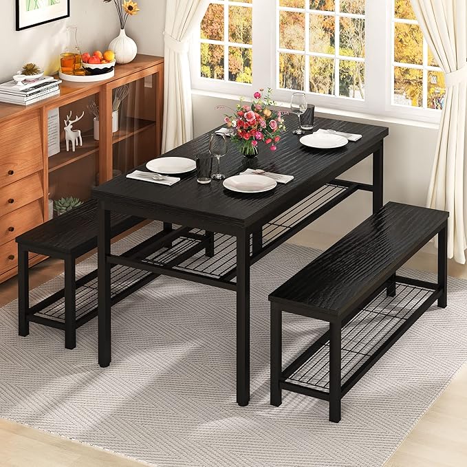 AWQM 43.3" Dining Table Set for 4, Kitchen Dining Table with 2 Benches, Dining Room Table Set with Metal Frame & Storage Rack for Kitchen, Restaurant, Black