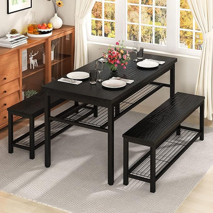 AWQM 43.3" Dining Table Set for 4, Kitchen Dining Table with 2 Benches, Dining Room Table Set with Metal Frame & Storage Rack for Kitchen, Restaurant, Black