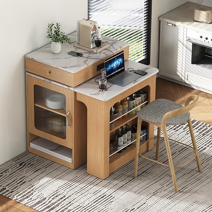 Modern Dining Table Extendable Kitchen Island with, Power Outlet, 2 Drawers, Shelves, Wood Countertop for Living Room Dining Area,Natural-MDF