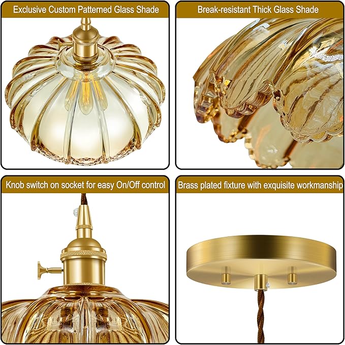 Pendant Light Fixture, Hanging Light Fixture, Glass Shade Pendant Light with Rotary Switch, Modern Lamp for Kitchen Island, Bedroom, Dining Room, Living Room (Amber Lotus, Hard-Wired)