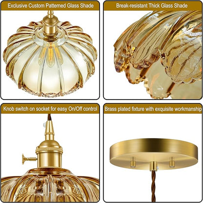 Pendant Light Fixture, Hanging Light Fixture, Glass Shade Pendant Light with Rotary Switch, Modern Lamp for Kitchen Island, Bedroom, Dining Room, Living Room (Amber Lotus, Hard-Wired)