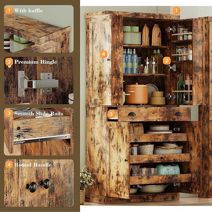 IRONCK Kitchen Pantry Cabinet 72" Height, Freestanding Cupboard with Drawer, Sliding Storage Rack, and 6 Hanging Shelves for Dining Room, Laundry, Living Room, Vintage Brown