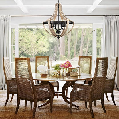 6-Light Large Rustic Farmhouse Dining Room Chandeliers, Adjustable Height Entryway Light Fixture, Hanging Wood Chandelier for Kitchen Island Foyer Stairwell Office