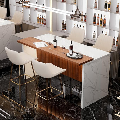 Modern Bar Table and Bar Stools Set, Marble-Look Counter Table with Wood Accent Top & Beige Velvet Bar Chairs Set of 4 with Gold Legs, Kitchen Island Pub Table Set for Home Bar, Dining Room
