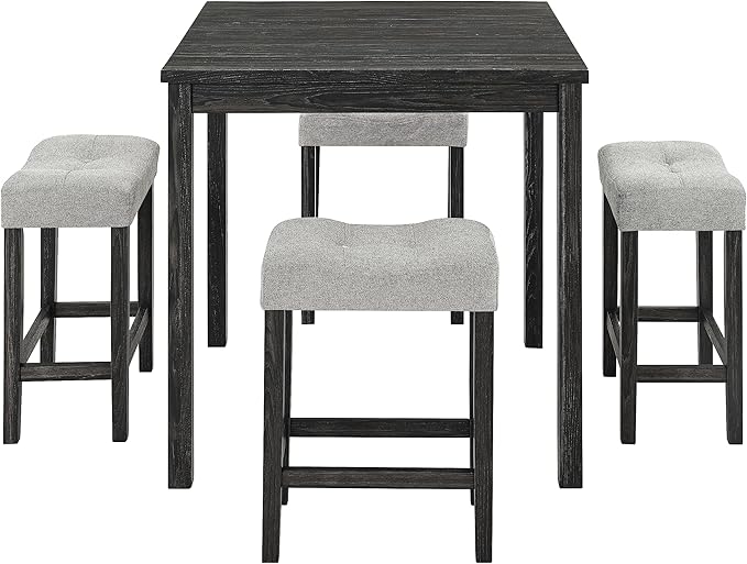 Ball & Cast 5 Piece Wooden Dining Table and Chairs Set for 4, 24"H Tufted Counter Stools with 34.2" Square Bar-Table, Industrial Breakfast Table with 4 Padded-Stool for Kitchen Island Playroom, Black
