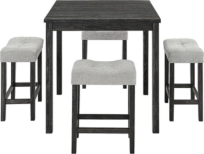 Ball & Cast 5 Piece Wooden Dining Table and Chairs Set for 4, 24"H Tufted Counter Stools with 34.2" Square Bar-Table, Industrial Breakfast Table with 4 Padded-Stool for Kitchen Island Playroom, Black