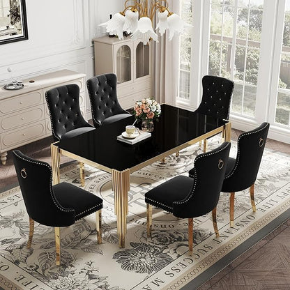 Modern Rectangle Glass Dining Table, 65" Black Tempered Glass Desktop with Gold Mirrored Stainless Steel Legs, Stylish Elegant for 6 People, for Kitchen, Living Room, Office