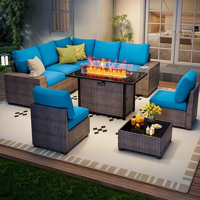 9 Piece Outdoor Patio Furniture Set with 43'' Fire Pit Table, Outdoor Sectional Furniture, Rattan & Wicker Modern Modular Conversation Set Sofa Couch W/Water Resistant Thick Cushions,Brown/Peacockblue