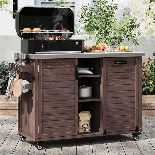 78.3" Outdoor Kitchen Island with Foldable Grill Table & Storage, Wooden Cart with Stainless Steel Top, Trash Can Holder, Bar Cart for Patio Lawn Garden (78.3"+Dark Brown)