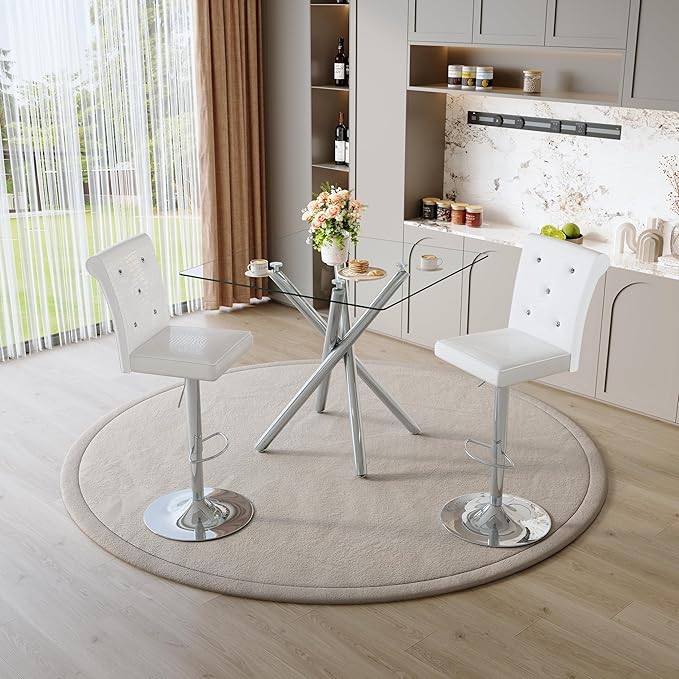 Glass Bar Table Set for 2, Transparent Table with 2 Adjustable Leather Chairs, 3 Piece Counter Height Pub Table Set for Kitchen Island, Home Bar, Small Space, Silver