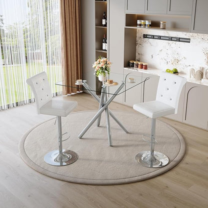 Glass Bar Table Set for 2, Transparent Table with 2 Adjustable Leather Chairs, 3 Piece Counter Height Pub Table Set for Kitchen Island, Home Bar, Small Space, Silver