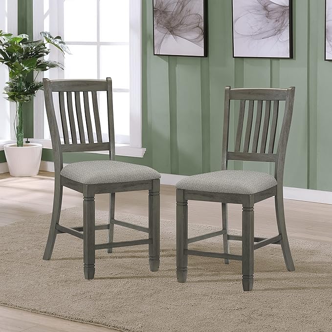 Lexicon Counter Height Stools Set of 2 - Saratoga Kitchen Counter Stools Upholstered Foam Padded Seat, Slat Back, Solid Wood Frame, Farmhouse Rustic Chair, Easy Assembly, 24.5" SH, Antique Grey