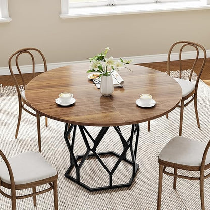 GarveeHome 47-inch Round Dining Table for 4-6 People, Farmhouse Kitchen Table with Diamond Metal Base, Industrial Wood Circle Dinner Table for Dining Room, Kitchen, Living Room, Brown