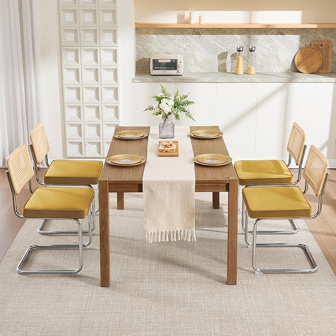 Zesthouse Mid Century Modern Dining Chairs Set of 2, Velvet Accent Chairs with Natural Cane Back & Stainless Chrome Base, Famous Breuer Designed Chairs, Upholstered Rattan Kitchen Chairs