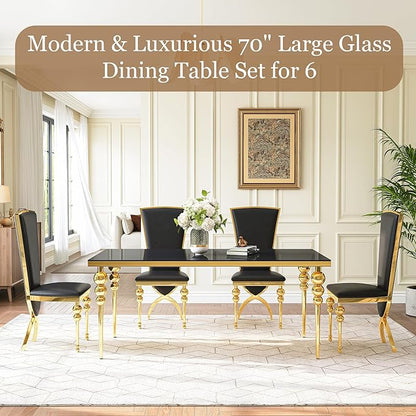 Glass Dining Table Set for 6, Luxurious 70 Inch Rectangular Glass Kitchen Table with 6 Black High Back Leather Chairs, for Dining Room, Restaurant, Living Room (Black Top)