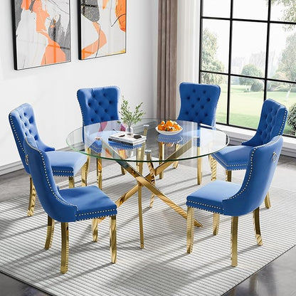 Modern Glass Dining Table Round Dining Room Table with Tempered Glass Top, Gold Metal Legs Circle Kitchen Dining Room Table for 4-6 People, 47" D x 47" W x 30" H