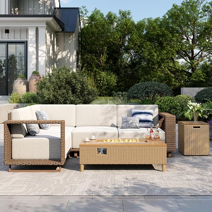 MIXPATIO Patio Sectional Furniture with Fire Pit, 4 Pieces Outdoor Wicker Sofa Set, Yellow Rattan Modular Conversation Sets with 10" Thick Cushions, L Shape Low Profile Lawn Deck Garden Furniture