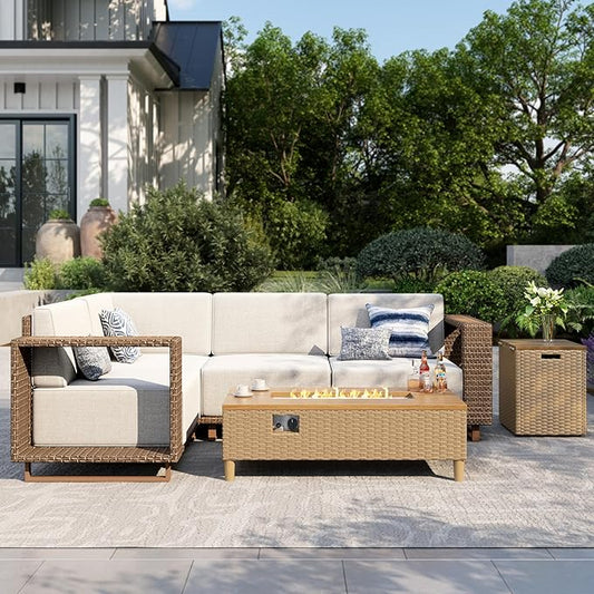MIXPATIO Patio Sectional Furniture with Fire Pit, 4 Pieces Outdoor Wicker Sofa Set, Yellow Rattan Modular Conversation Sets with 10" Thick Cushions, L Shape Low Profile Lawn Deck Garden Furniture