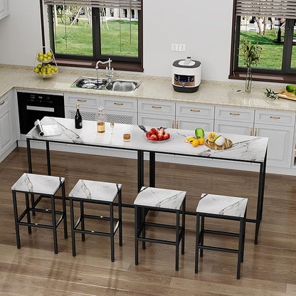 Aklaus Bar Table Set,44" White Faux Marble Top Bar Table and Chairs Set,Counter Height Bartable with 2 Bar Stools,3 Piece Kitchen Breakfast Table for Living Room Dining Room Apartment