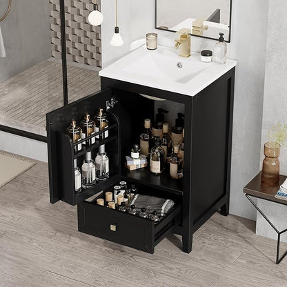 20" Bathroom Vanity with Ceramic Sink Top Set, Multi-Functional Storage Cabinet with Rack Organizer and Drawer, Soft-Closing Door, Solid Wood Frame, Black