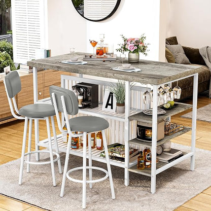 DKLGG 3 Piece Dining Table Set for 2,Kitchen Island with Seating & Storage,Industrial Bar Table and Chairs Set,Space-Saving Pub Table Set for Small Space (Grey)