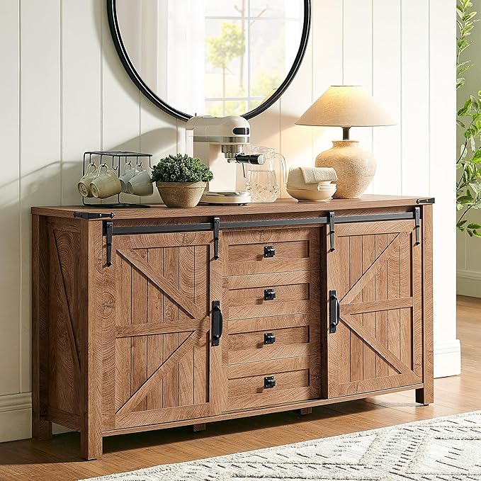T4TREAM Farmhouse Sideboard Buffet Cabinet with Storage, 60" Large Kitchen Cabinet w/Sliding Barn Doors and 4 Drawers, 31.2'' Tall Wood Coffee Bar Table for Dining Room, Light Tree Knot