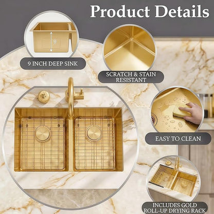 LQS Gold Kitchen Sink, 32 Inch Kitchen Sink Gold Double Bowl, Undermount Kitchen Sink 16 Gauge Stainless Steel with Golden Accessories, Modern Style