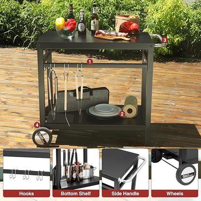 Royal Gourmet Dining Cart Table with Double-Shelf, Movable Stainless Steel Flattop Grill Cart, Hooks, Side Handle, Multifunctional PC3401B (Black)