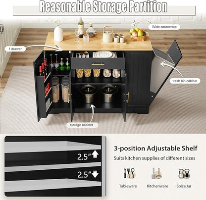 GOWE 53'' Kitchen Storage Islands with Drawers and Trash Can Storage for Kitchen & Dining. Modern Farmhouse Design, Black, 53.2" W x 20.9" D x 38.0" H.