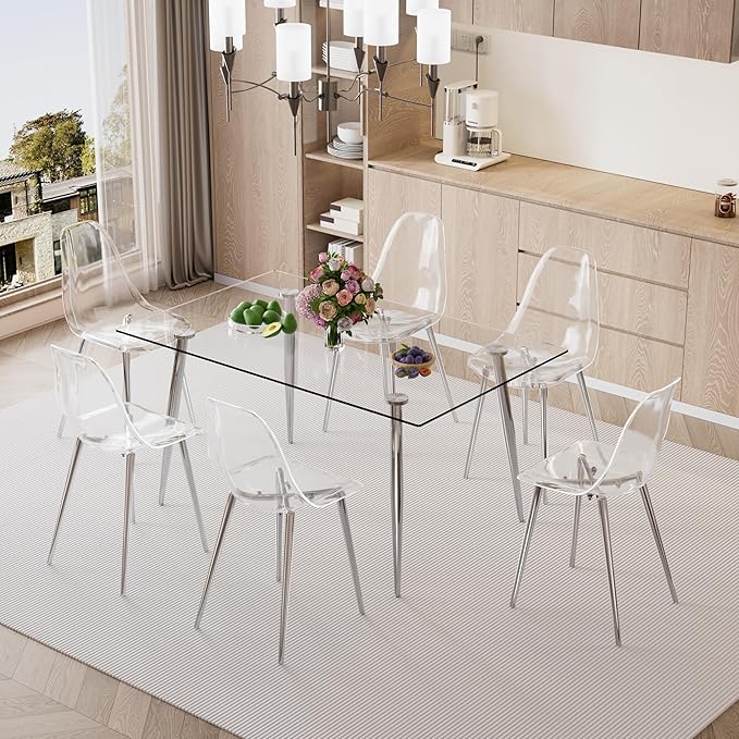Glass Dining Table for 4 with 51 inch Clear Rectangular Glass Top, 0.31" Modern Tempered Glass Kitchen Table Furniture with 4 Silver Plating Metal Legs for Home Dining Room
