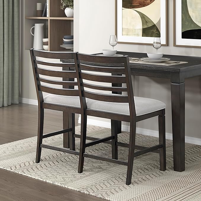Lexicon 43" W Counter Height Dining Bench with Padded Seat, Ladder Back Wood Frame, Beige Textured Fabric Upholstered Dining Seat for Kitchen/Living Room, Easy Assembly, Dark Espresso