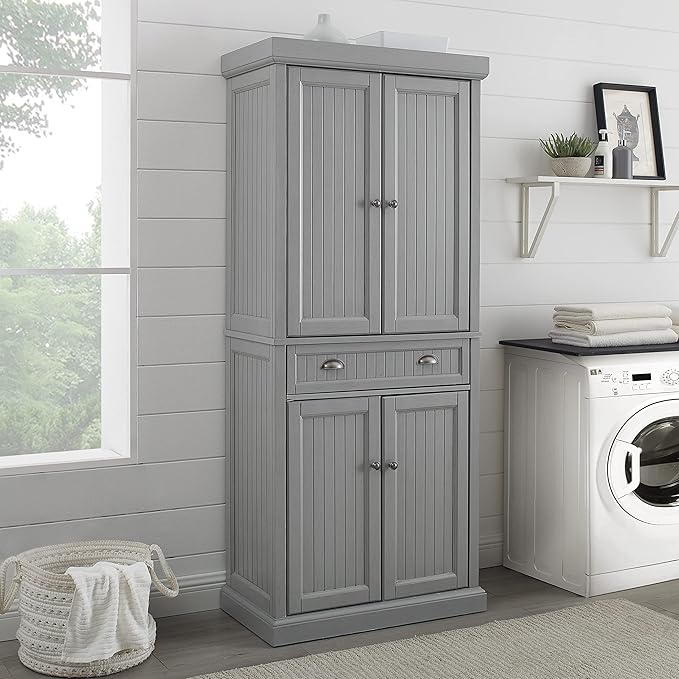 Crosley Furniture Seaside Coastal Pantry Storage Cabinet with Shelves, Kitchen, Dining, or Laundry Room, Distressed Gray