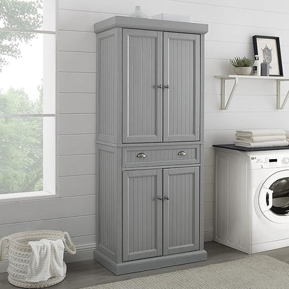 Crosley Furniture Seaside Coastal Pantry Storage Cabinet with Shelves, Kitchen, Dining, or Laundry Room, Distressed Gray