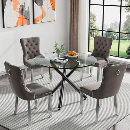 35.4'' Round Dining Table for 4 or 2, Glass Small Kitchen Table with Black Metal Tube Legs for Dining Room Living Room, Round Accent Tea Table Circular Dining Table