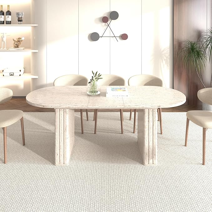 Extendable Dining Room Table for 4 6 8, 78.74" to 62.99" Beige Faux Travertine Marble Pattern Modern Farmhouse Wooden Kitchen Expanding Long Large Expandable Conference Table with Pedestal Base