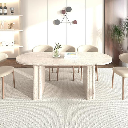 Extendable Dining Room Table for 4 6 8, 78.74" to 62.99" Beige Faux Travertine Marble Pattern Modern Farmhouse Wooden Kitchen Expanding Long Large Expandable Conference Table with Pedestal Base