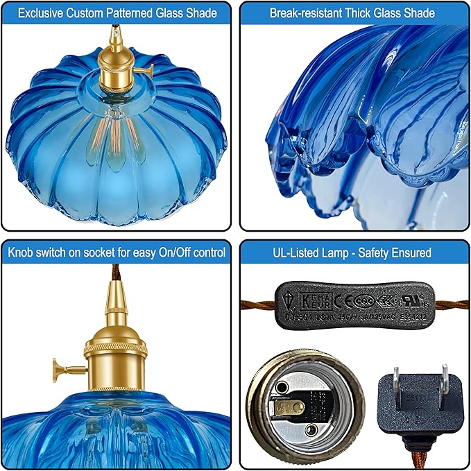 Plug-in Pendant Light Fixture, Hanging Light Fixture, Glass Pendant Light, Swag Lamp with Inline On/Off Switch for Kitchen Island, Bedroom, Dining Room, Living Room (Blue Lotus, Plug-in)