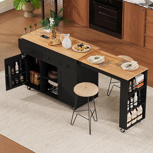 JIJIWANG 85.5" Kitchen Island with Extendable Dining Table for 4-6, Kitchen Storage Table with Cabinets and 3 Side Open Shelves, Rolling Island with Power Outlet, 3 Drawers and 2 Doors Black