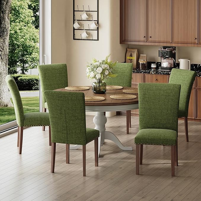 COLAMY Upholstered Parsons Dining Chairs Set of 4, Fabric Dining Room Kitchen Side Chair with Nailhead Trim and Wood Legs - Green