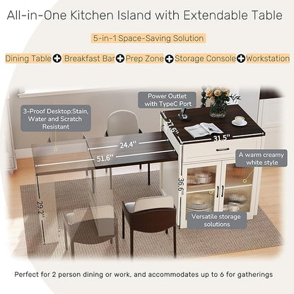 Kitchen Islands with Extendable Dining Table, 83.1" Mobile Kitchen Storage Islands, for 2-6 Person, with Tempered Glass Doors, Woodgrain Dining Table,Power Outlet,Bar, with Slide Out Table