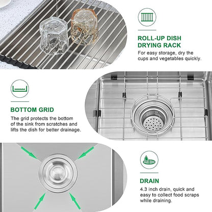 Herogo 15×17 Inch Undermount Stainless Steel Kitchen Sink, 9" Deep Small Single Bowl Drop In Sink with Accessories for Rv Home Wet Bar, Brushed Nickel