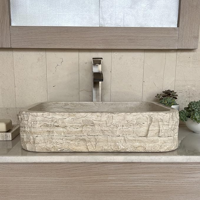 Shades of Nature Rectangular Travertine Vessel Sink, Natural Stone Wash Basin, Hand-Carved Bathroom Sink, Chiseled Exterior, Polished Interior, Above Counter Vanity (Soap Tray Included)
