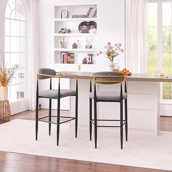 Modern Upholstered Accent Chair Set of 2 with Ergonomic Backrest,Gold Accented Armrests,Linen Fabric Seat,Black Metal Frame,Contemporary Seating for Dining Room,Kitchen Island (Grey,Bar Stool)