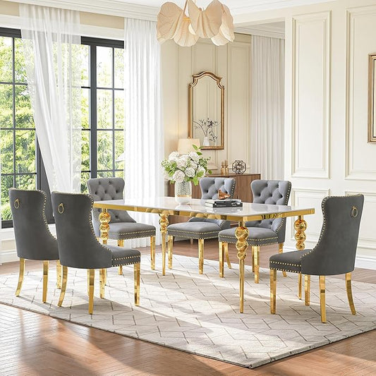 7 Piece Glass Dining Table Set, Modern 70 Inch Gold Rectangular Glass Kitchen Table, 6 Gray Exquisite Velvet Cushion Chairs for Living Room, Restaurant (White-Top)