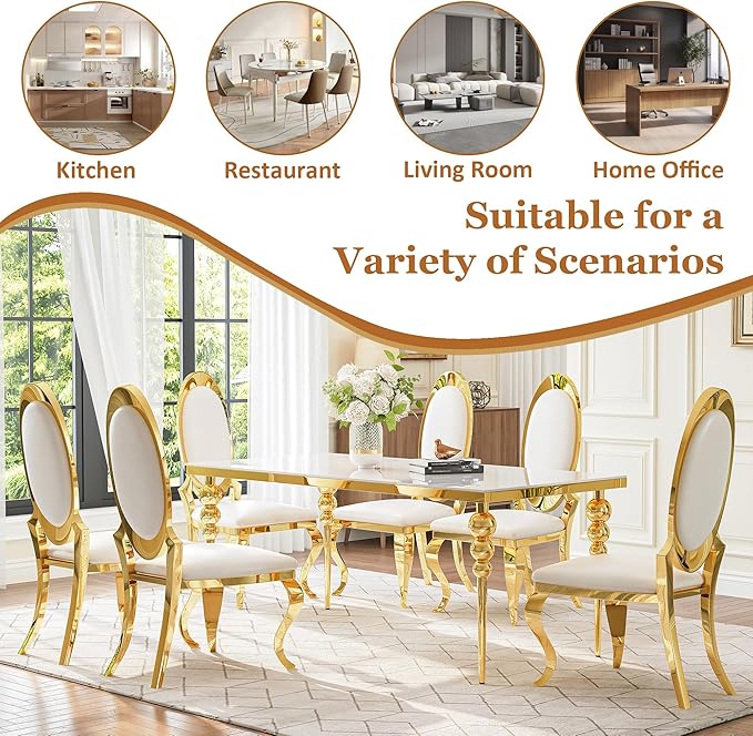 Glass Dining Table Set for 6 with 70" Rectangular White Glass Kitchen Table, 7 Piece Dining Room Set with 6 White Oval Back Upholstered Chairs for Living Room, Restaurant