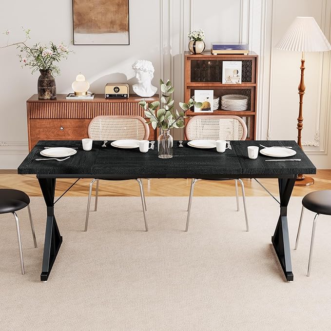 Farmhouse Dining Table for 6 People, 70.8 Inch Rectangular Wood Dining Table, Rustic Kitchen Table with Extra Heavy Duty Metal Legs for Dining Room-Black