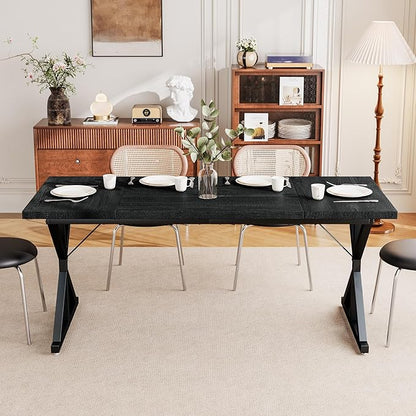 Farmhouse Dining Table for 6 People, 70.8 Inch Rectangular Wood Dining Table, Rustic Kitchen Table with Extra Heavy Duty Metal Legs for Dining Room-Black