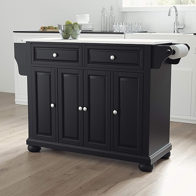 Crosley Furniture Alexandria Stone Top Rolling Kitchen Island Storage Cart, Microwave Stand, Spice Rack, Black