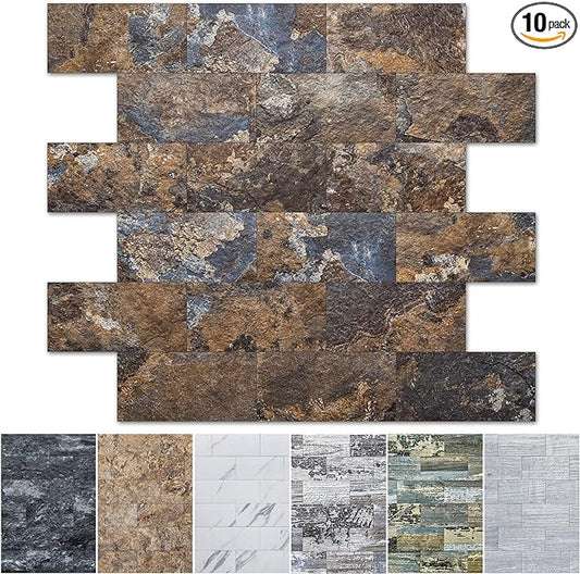 Art3d 10-Sheet Peel and Stick Backsplash PVC Wall Tile, Stickon Tile for Kitchen Backplash, Bathroom Vanities, Fireplace Decor, Laundry Table, Stair Decals in Rust Slate, Plastic-Sheets